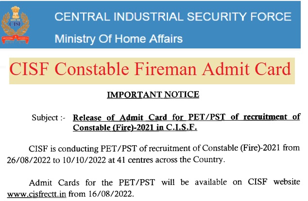 CISF Constable Fireman Admit Card